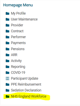 Provider's homepage menu in Compass highlighting the NHSE Workforce folder