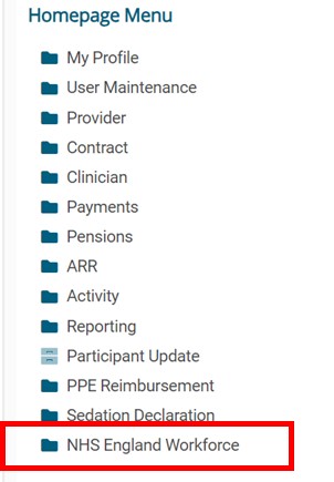 Homepage menu on Compass highlighting NHS England Workforce folder