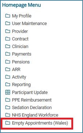 Homepage menu showing highlighted Empty Appointments (Wales) folder