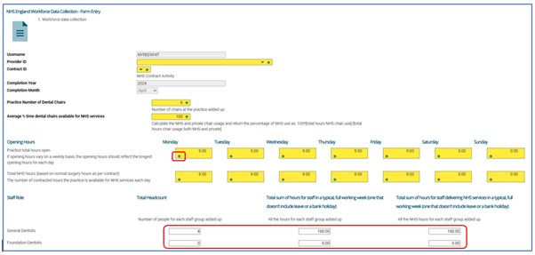 NHSE Workforce Data Collection - Form Entry screen highlighting example data entry