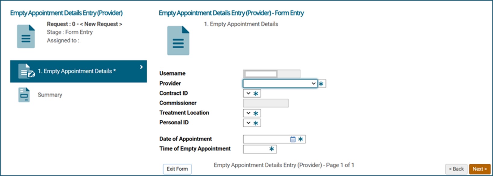 showing entry fields on the Empty Appointment Details form