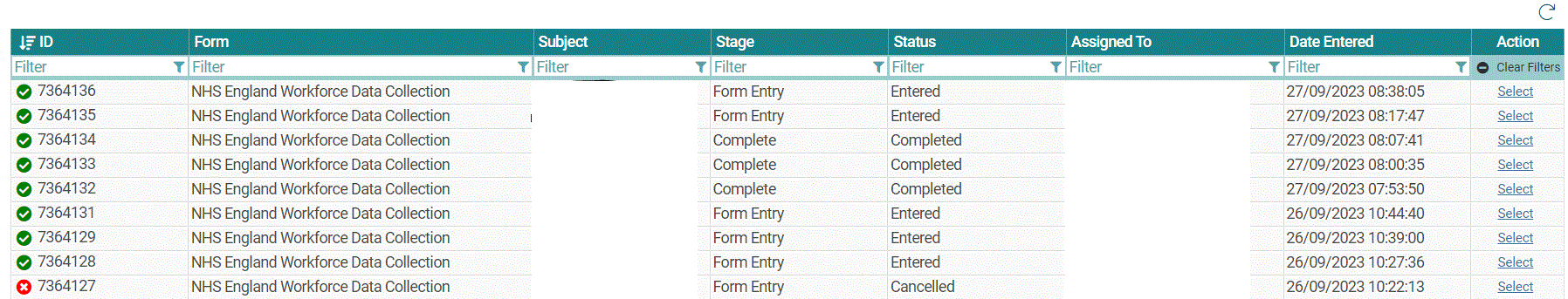 Workforce data collection forms - table showing status and date entered