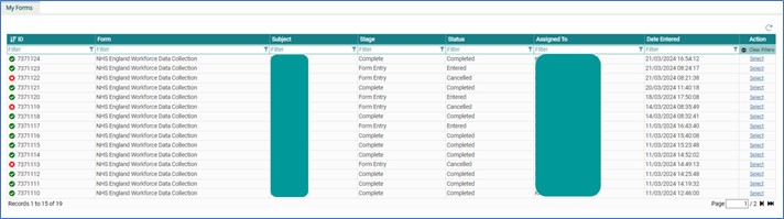 Workforce data collection forms - table showing various entries with different status
