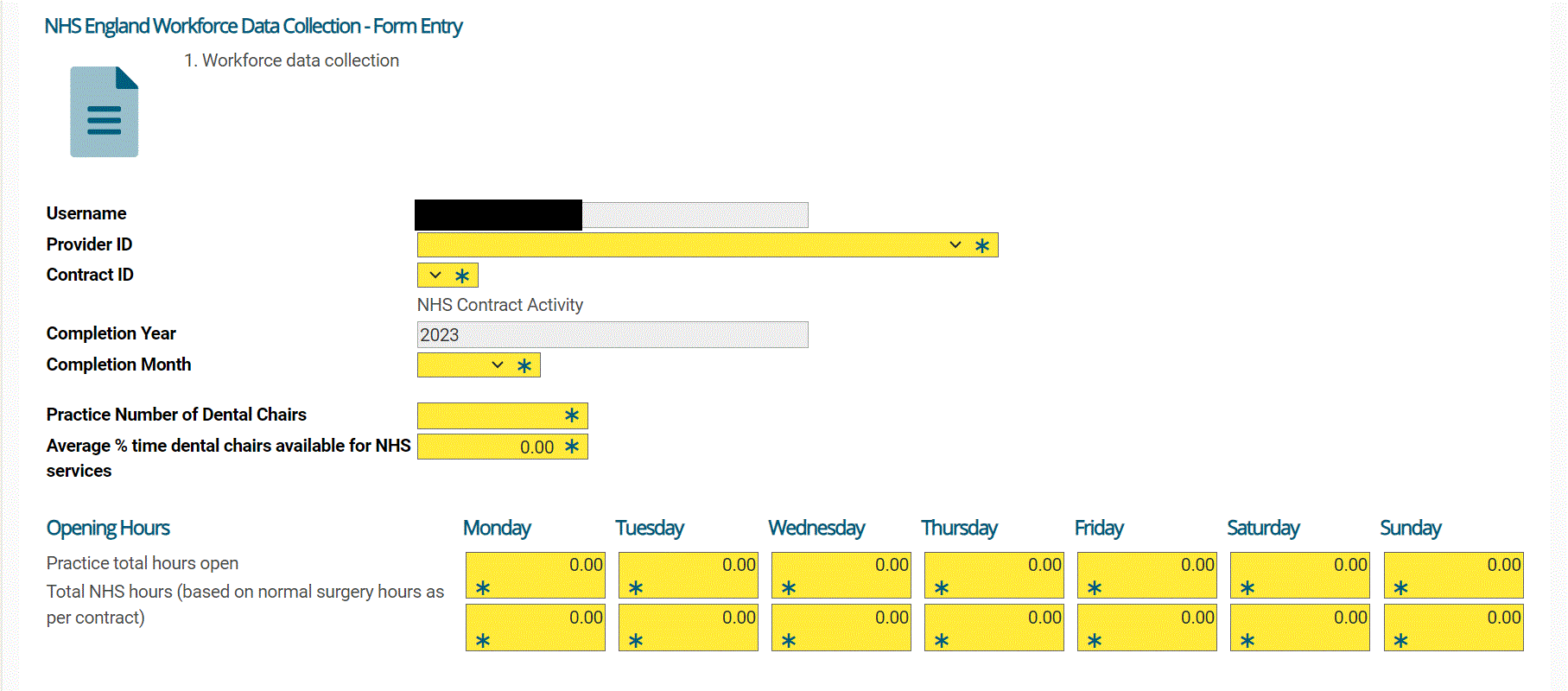 Workforce data collection screen - mandatory fields highlighted